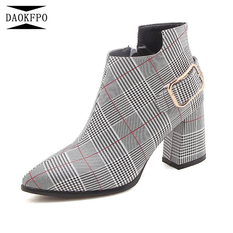 

2018 New Style Grid Belt Buckle Ankle Boots 7.5cm High Heel Boots Side Zipper Pointed Toe Women Shoes Autumn Winter Work Boots