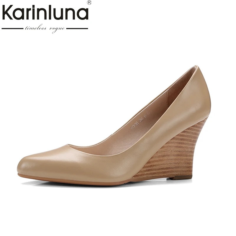 Oficina Beige Calidad Cuña Mujer Vaca Karinluna Bombas Negro Tamaño 39 Alto Cuero Zapatos De Alta Tacón negro Punta 34 wZqCqTF