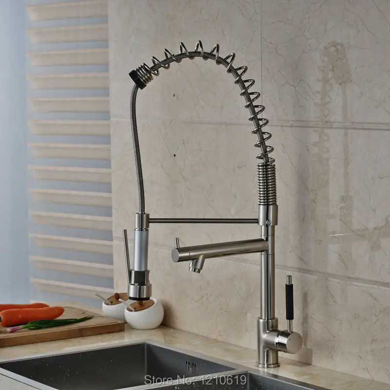 

Newly Nickel Brushed Kitchen Sink Faucet Mixer Tap Full Down Spout Spring Basin Faucet Deck Mounted