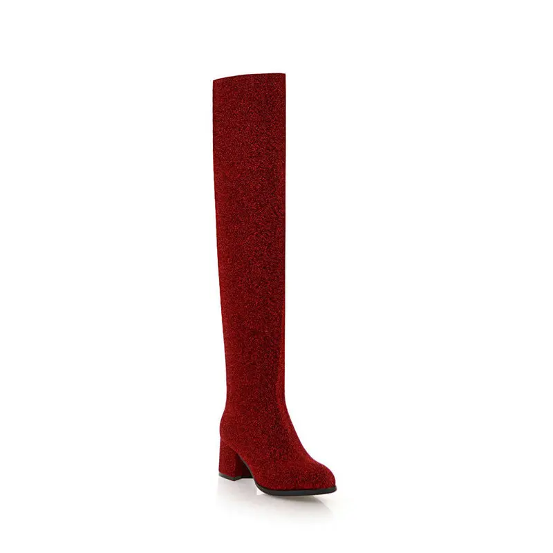 Новые блестящие квадратный обувь на среднем каблуке женские ботфорты дамские осенне-зимние сапоги праздничное платье женская обувь Большие размеры 42, 43 - Цвет: Красный