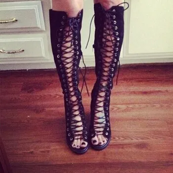 

2017 Fall New Women Suede Leather Lace up Cut-outs Gladiator Sandal Boots Thick Heel Knee High Booty Size 34-40 Free Ship