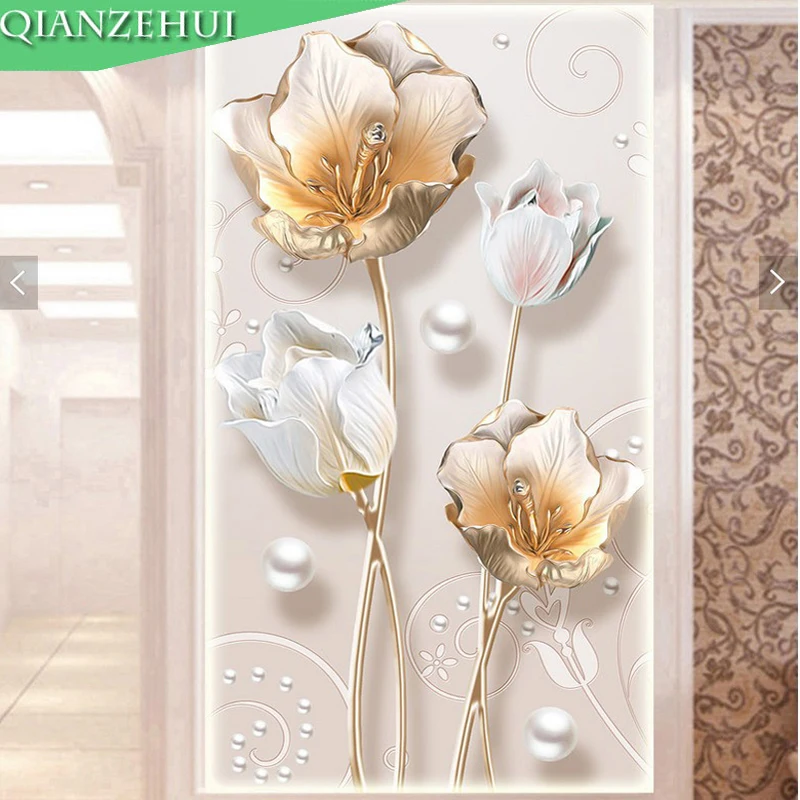 

QIANZEHUI,DIY Diamond Embroidery,Round Diamond Embossed tulips Full rhinestone Diamond painting cross stitch,needlework