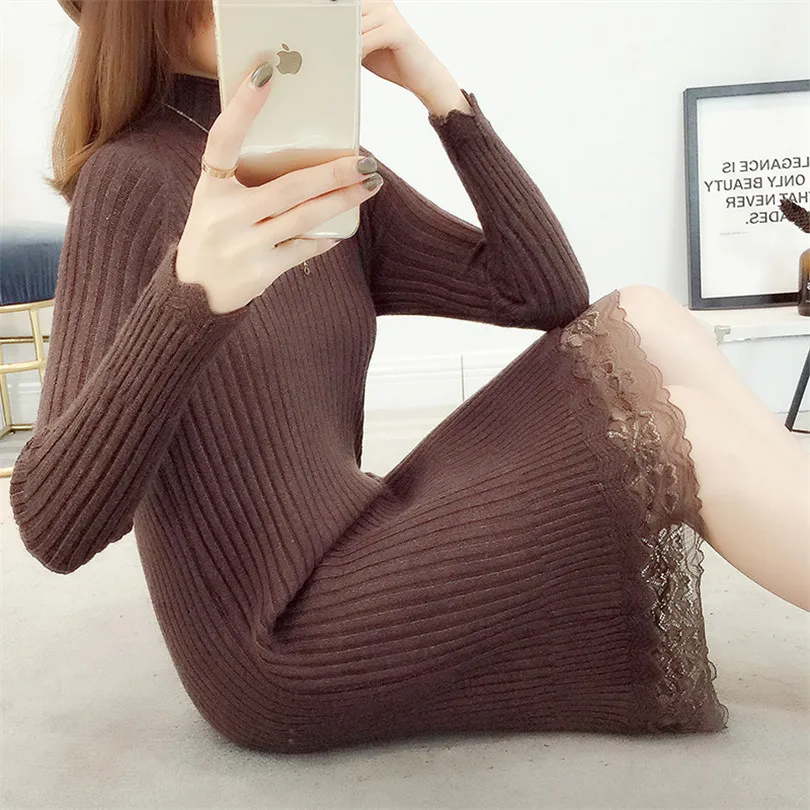 Женское трикотажное платье свитер с высоким воротником и кружевом|knitted dress|sweater