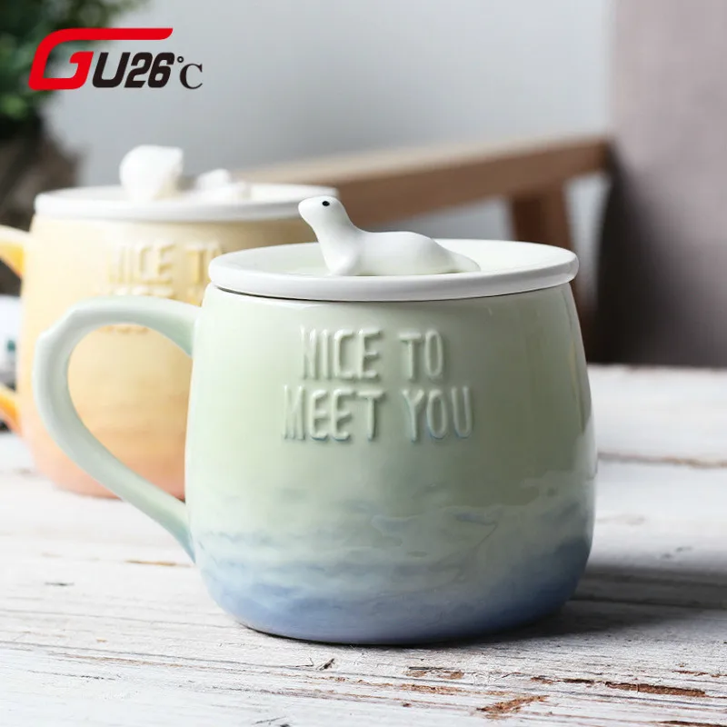

New Sea Lion Heat-resistant Color Cartoon With Cup Lid Kitten Milk Coffee Ceramic Mug Cup Children Office Gifts