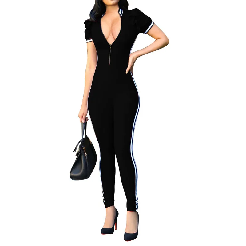 New Rompers Womens Jumpsuit Short sleeve Front Zipper Ruffles Sexy