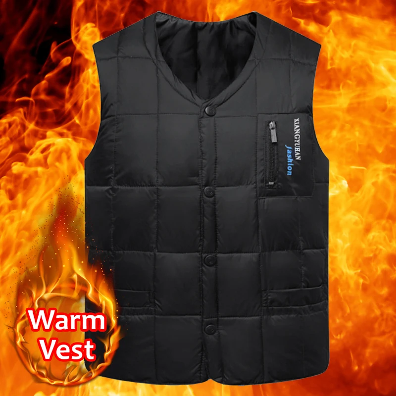 

Fashion Casual Male Vest White Duck Down Vest Men Autumn Winter Warm Sleeveless Jacket V-neck Button Down Lightweight Waistcoat