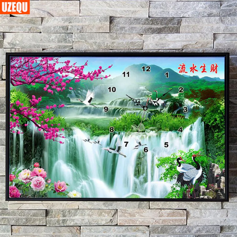 

UzeQu Full Diamond Embroidery Wall Clock Waterfall Mountain DIY Diamond Painting Cross Stitch Watch Diamond Mosaic Rhinestones