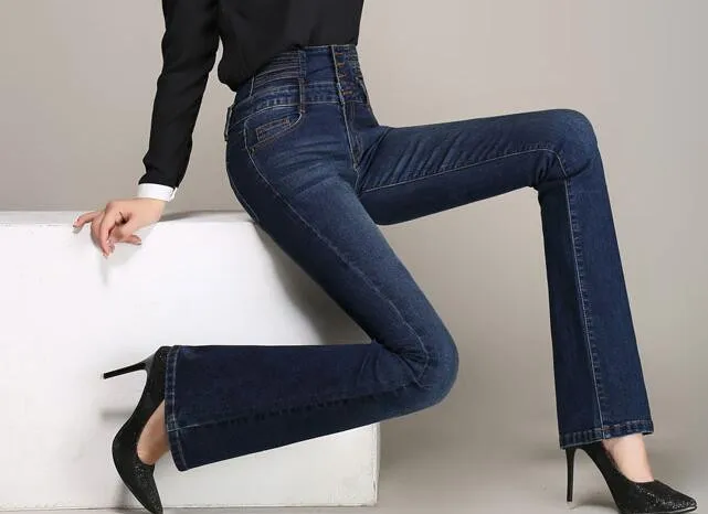 Расклешенные брюки для женщин размера плюс джинсы повседневные стройнящие кнопки полная длина Осень Весна Новая мода синий черный yyf0614