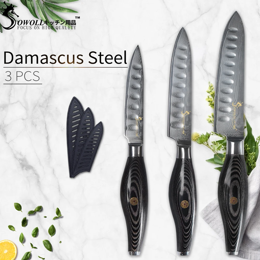 

Sowoll Paring Utility Slicing Chef Knives 67 Layers VG10 Damascus Steel Kitchen Knives Set Meat Cleaver Black Color Wood Handle