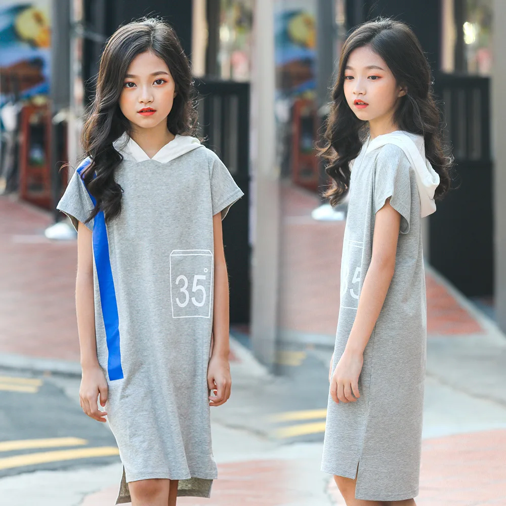 

Teenage Kids Dresses Girls Princess Dress 2019 Summer Hooded Sport Letter Girls Dresses Girls Clothing 12 Years Children Costume