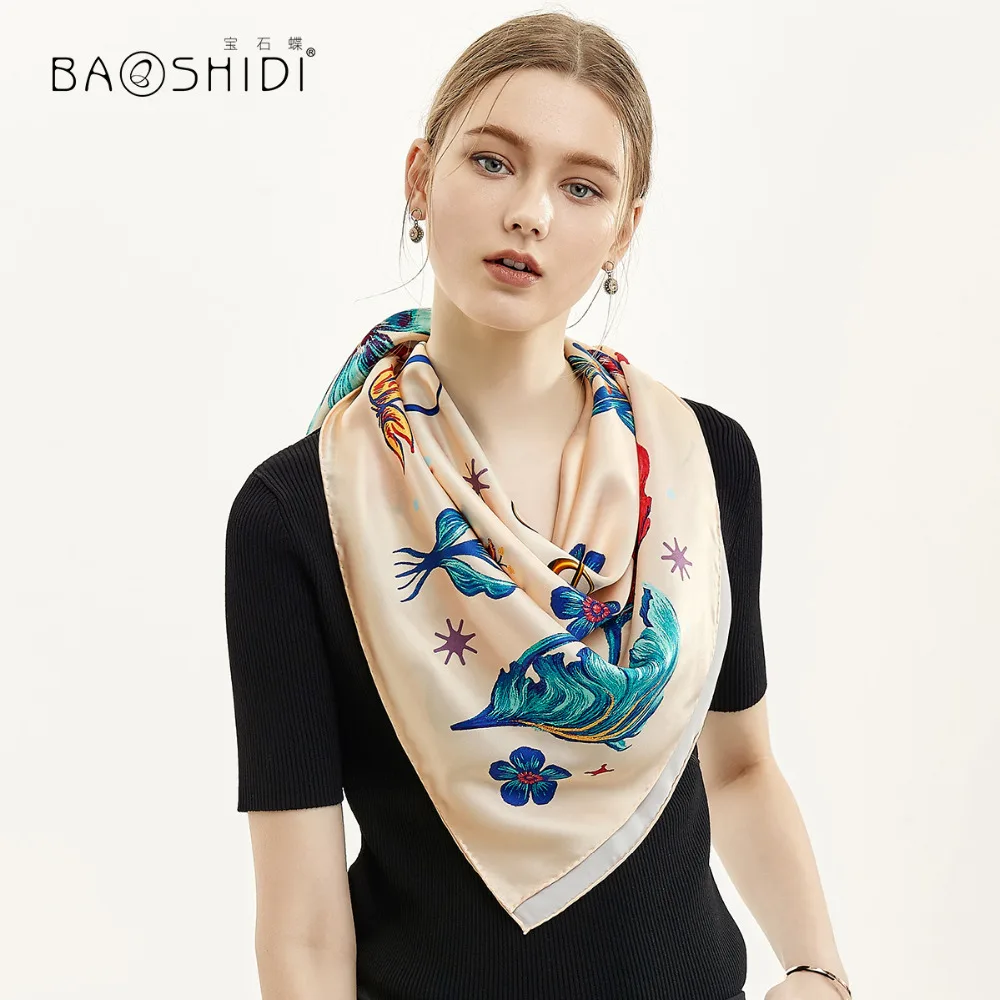 

[BAOSHIDI] 2019 Luxury Brand original design,100% Natural Satin Silk Square Scarf Women, latest fashion elegant lady hijab scarf