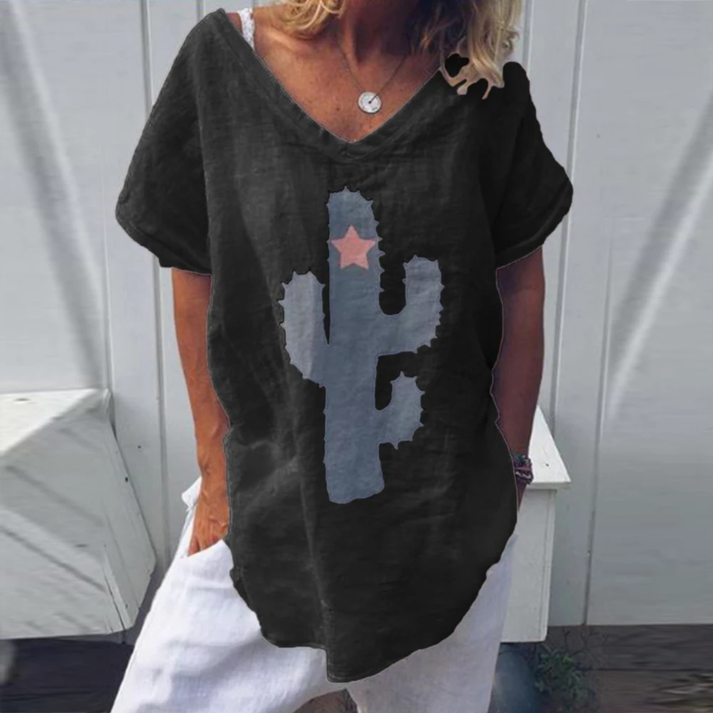 Women's White Blouse Cactus Printed Womens Tops and Blouses Summer Short Sleeve Loose Shirt V-Neck Casual Summer Top Tunic 5XL