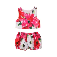 Комплект из 2 предметов с цветочным принтом для новорожденных девочек, футболка без рукавов, топы+ штаны с цветочным принтом