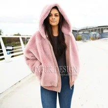 CX-G-T-03C Женская мода зима с капюшоном плюшевый мишка стрижка овец пальто