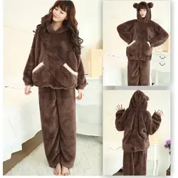 2018 Новый Осень Для женщин Фланелевые пижамы комплект коралловый флис медведь с капюшоном пижамы сплошной утолщенной теплая Пижама