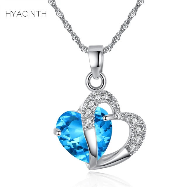 HYACINTH Elegant Shining Crystal Hollow Heart Pendant Necklace Fashion Blue Ston HYACINTH Elegant Shining Crystal Hollow Heart Pendant Necklace Fashion Blue Ston