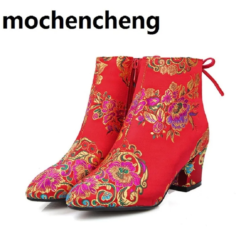 

new Chinese Style Women Wedding Boots Chunky Heels Spring and Autumn High Heel Boots Bridal Shoes Female Pumps Big Size 33-43