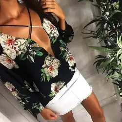 Цветочный принт шифон блузки Для женщин 2018 Мода Повседневное летние пляжные Топы с длинным рукавом крест v-образным вырезом пикантные