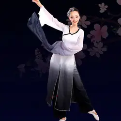 Элегантные классические танцевальные костюмы чернил Черный и белый градиент с длинным рукавом Костюмы для народных китайских танцев
