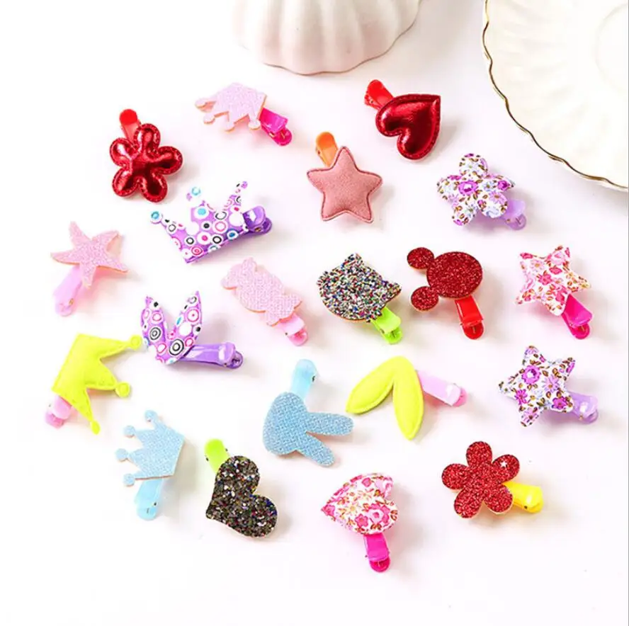 

20PCs/lot Baby Girls Bling Crown Hair Pins Rabbit Headwear Girl Hair Accessories Strar Love Heart Hair Clip Cat Flower Hairpin