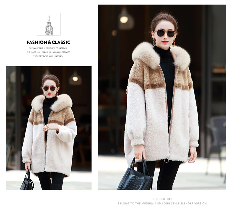 AYUNSUE Real Sheep Shearling Fur Coat Female Fox Fur Collar Real Woo Coats Winter Jacket Women Suede Lining Korean Outwear MY