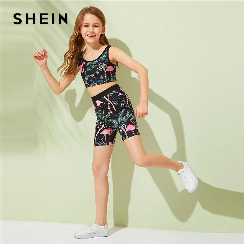SHEIN/Детский комплект из топа на бретелях с тропическим принтом и байкерских шорт для маленьких девочек; коллекция года; летняя одежда без рукавов для активного отдыха; обтягивающий костюм; комплекты