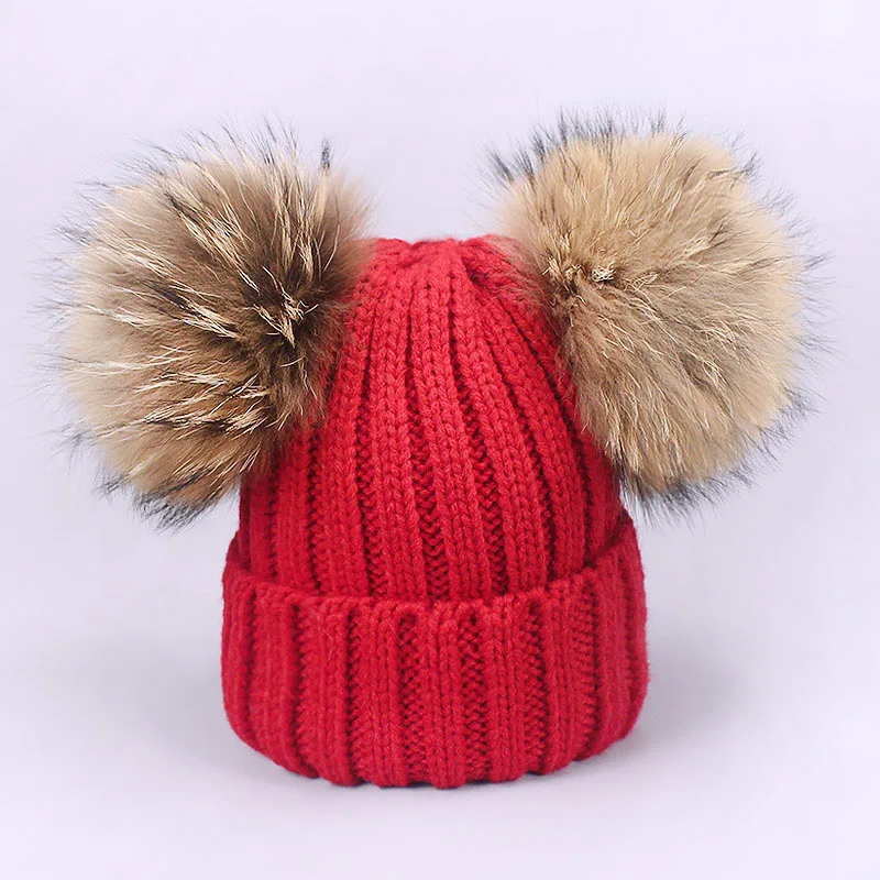 Children Pompon Beanie Hat Scarf Set Autumn Winter Outdoor Knitted Cotton Warm Real Raccoon Fur Pom-pom Caps Scarf 2 Piece Suit - Цвет: Hat Red 2 balls