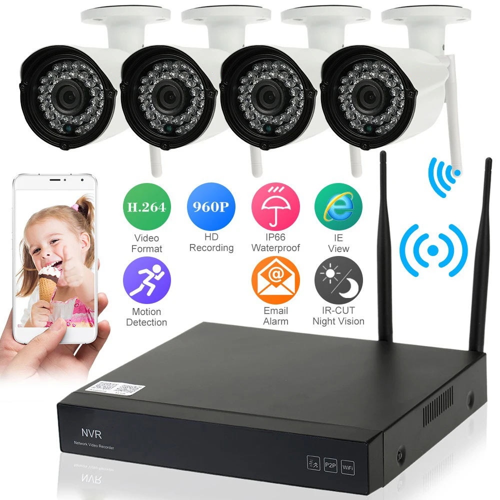 

4CH 720P Wireless NVR System Kit IR Night Vision Plug and Play Security 4pcs HD Camera WIFI CCTV System P2P