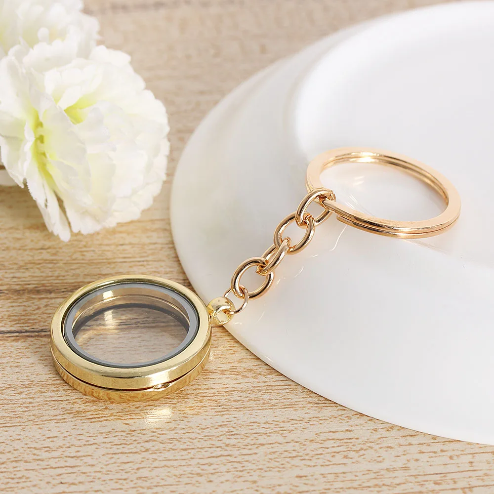 

2019 New Fashion Style 1 Pcs Chic Living Glass Memory Locket Keychain Charms Floating Buckle Silver Tone Can Open KeyRings 30mm