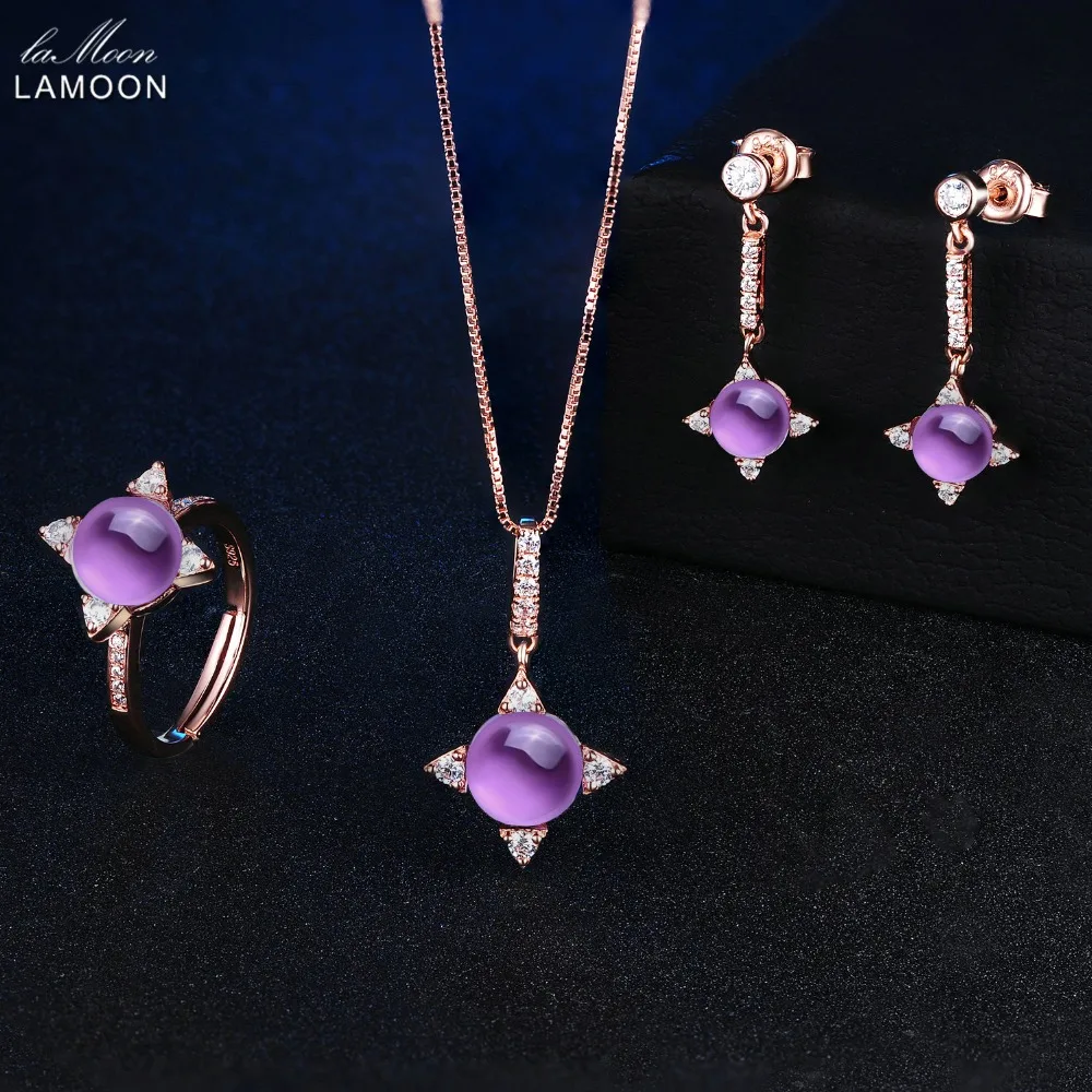 

LAMOON Women 925 sterling-silver-jewelry Sets Charms Mosaic Cross star Natrual Amethyst Fine Jewelry Set Fashion Rings Necklace