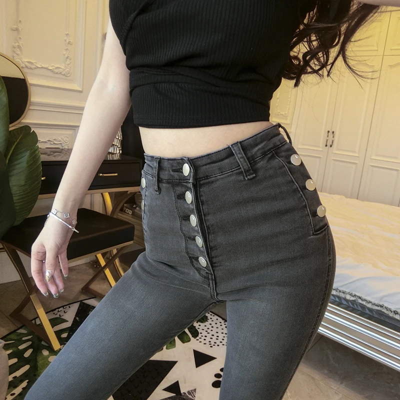 Женские потертые джинсовые узкие брюки-карандаш на пуговицах, женские черные джинсы, джинсы с высокой талией, женские эластичные сексуальные Стрейчевые джинсы