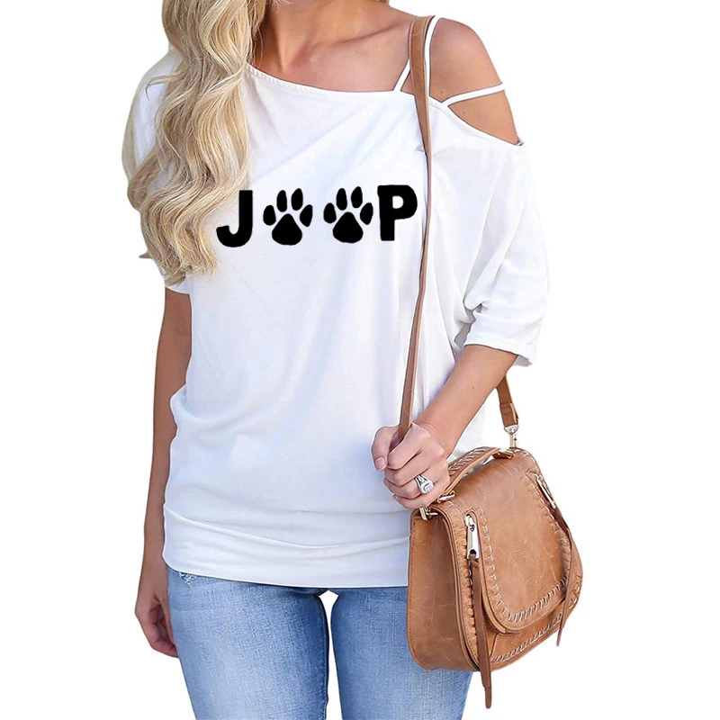 

Jeep Dog Cat Paw Print Shirt Female Harajuku Off Shoulder Animal Lover Oblique Collar Bat Sleeve Cotton T-Shirt Women Femme