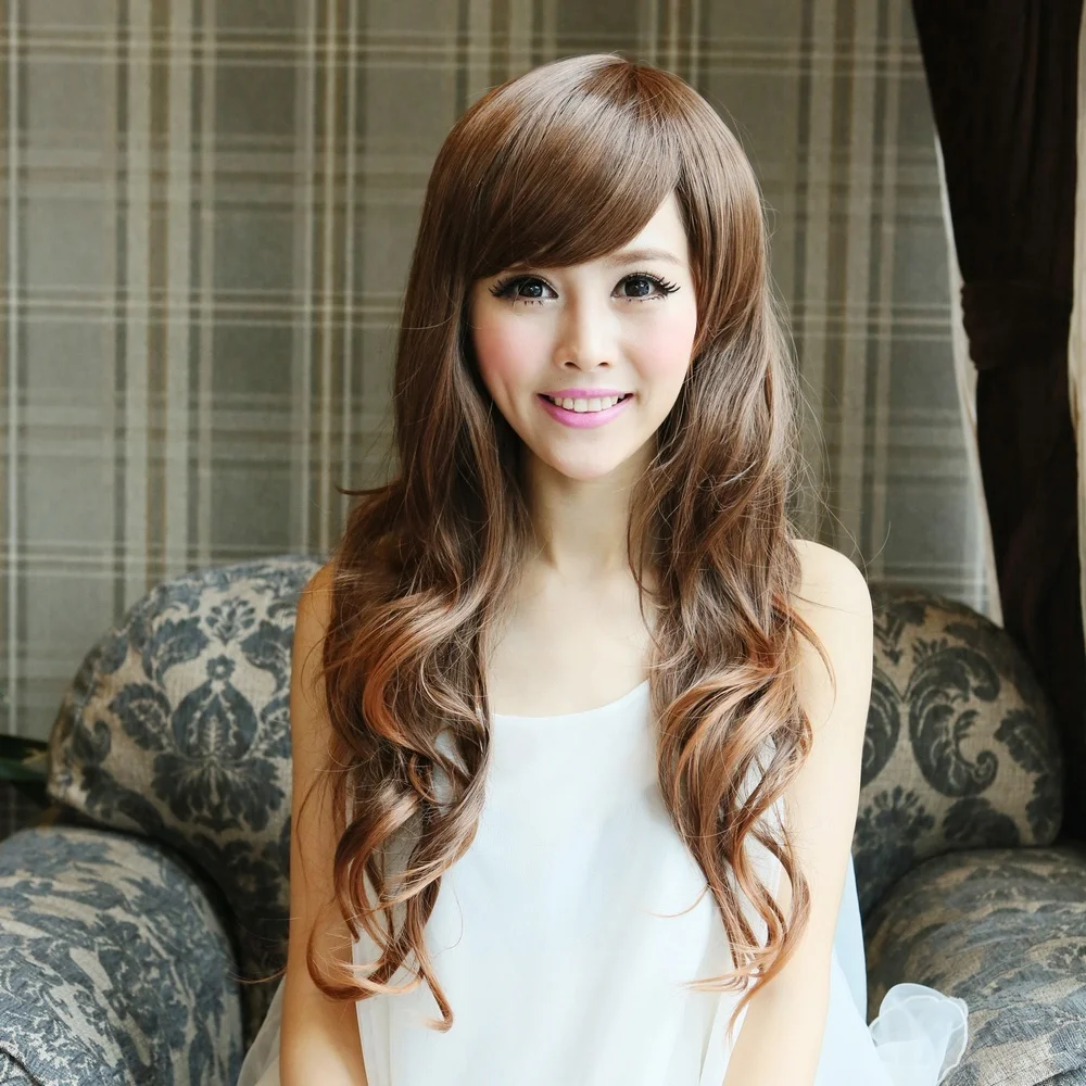 2014 Real Perucas Synthetic Wigs Trendy Long Roll Of Oblique Bangs