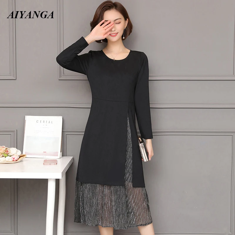 

New Faux 2 Pieces Dress Women 2018 Autumn Winter Long Dress O Neck Casual Loose Patchwork Mesh Plus Size Dresses M-5XL