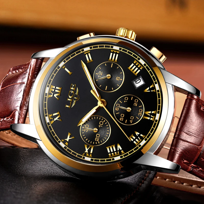 Cena LIGE męskie zegarki moda biznesowa Top marka zegarek mężczyźni sport zegar wodoodporny skórzany zegarek kwarcowy Relogio Masculino + Box