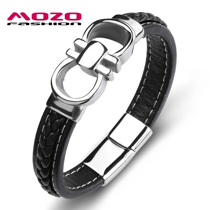 

MOZO FASHION Brands Men Popular Bracelet Black Leather Stainless Steel Charm Bracelets Man Cross Lattice Punk Bangles PS2119