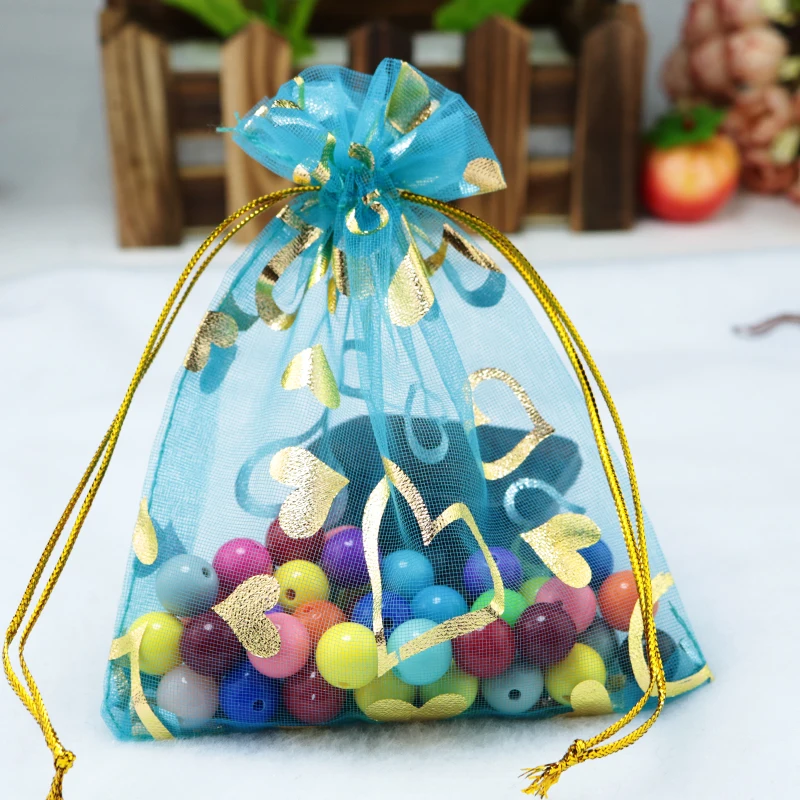 

100pcs Lake Blue Organza Bags 11x16cm Heart Print Wedding Favor Boutique Jewelry Gifts Packaging Bags Organza Gift Bag Pouches