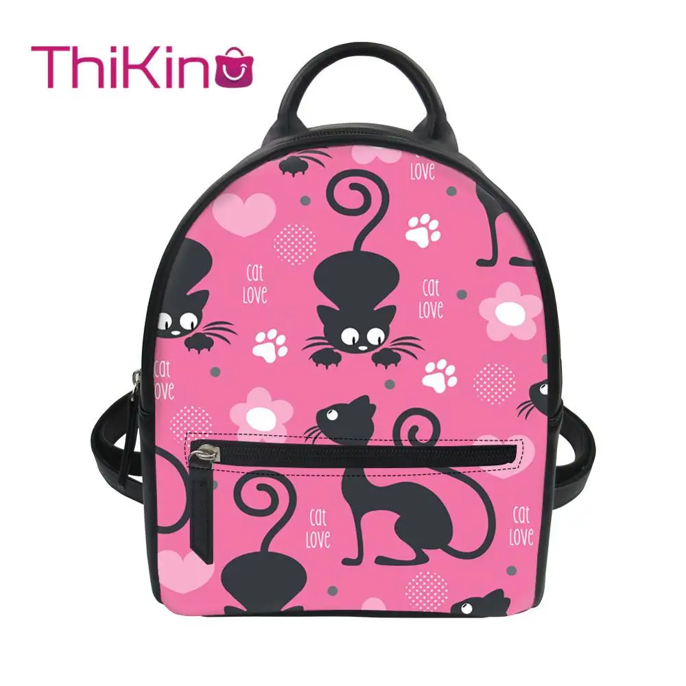 

Thikin Cute Music Cat Backpack for Ladies Girls Dog Pattern Travel Mochila PU Mini Zipper Schoolbag Student Preppy Style Bag