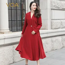 Voa шёлковый вышитый новый красный яркий линии декоративная пуговица с оборками элегантное темпераментное длинное платье F392