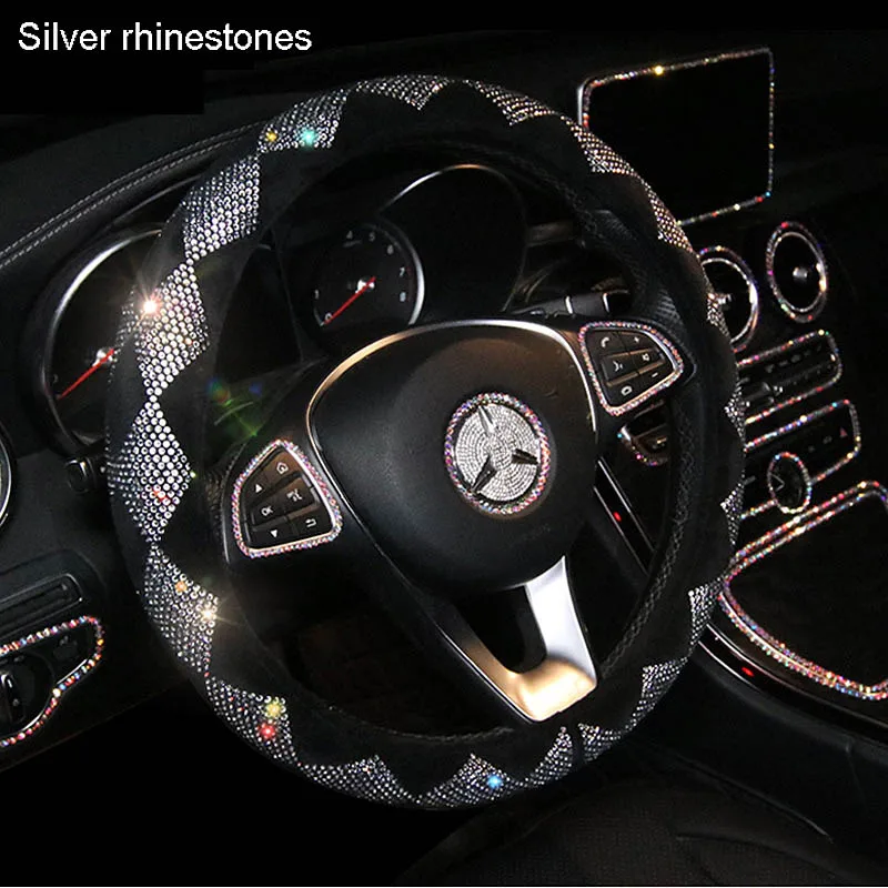 Bling Красочные Стразы Чехлы рулевого колеса автомобиля Алмазный кристалл крышка колеса для женщин девочек автомобильные аксессуары для интерьера - Название цвета: Silver Rhinestone