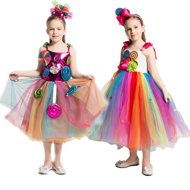 Girls Rainbow Candy Dress Kids Lollipop Modeling Frock Baby Girl Performance Costumes Summer Children Birthday Party Clothes 1