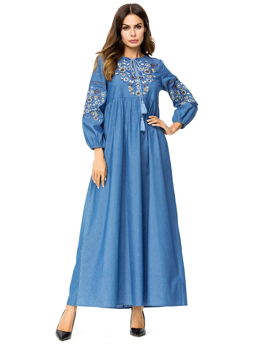 Long Denim Dress For Women Embroidered flowers Long Sleeves Loose ...
