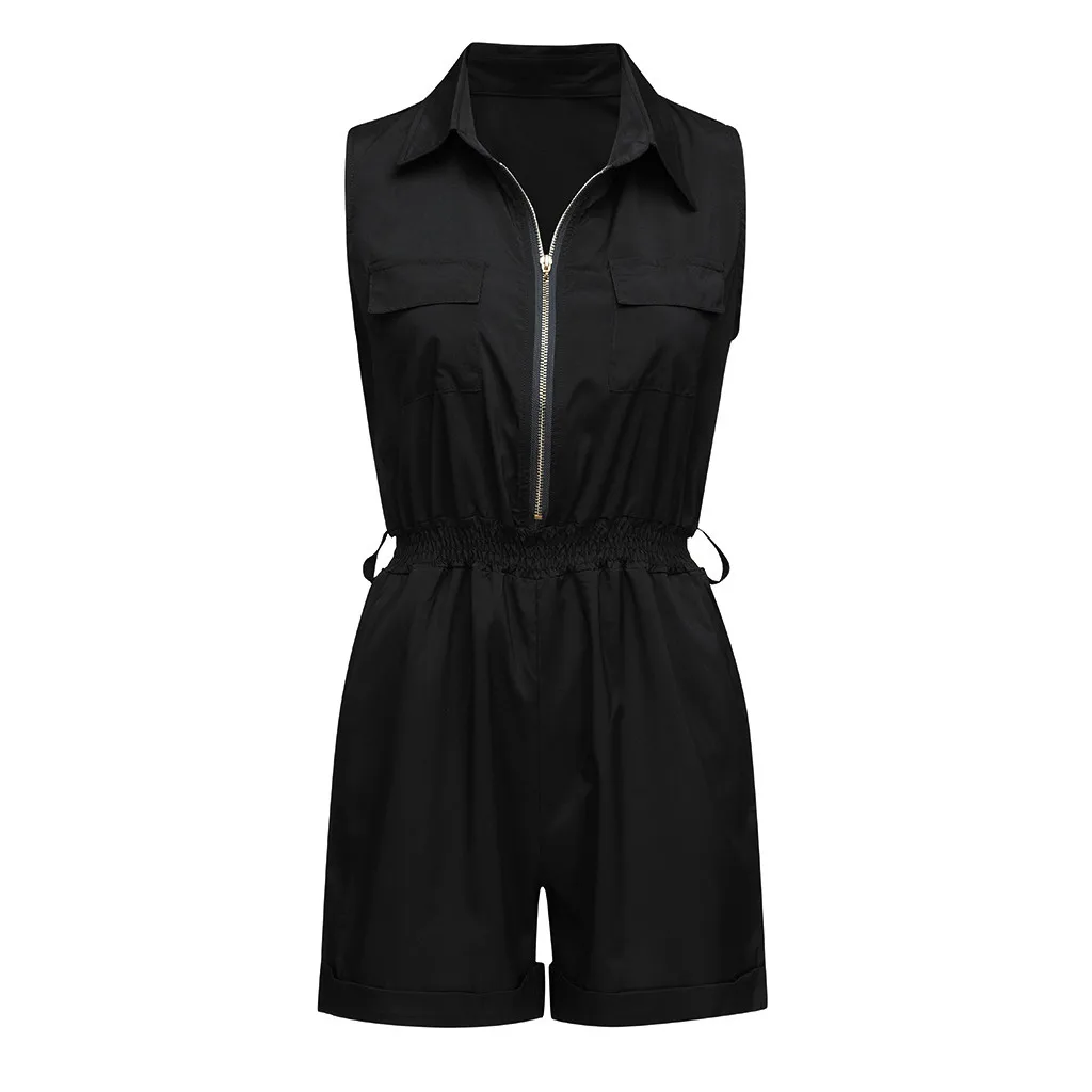 Women Summer Elegant With Elastic Waist Playsuit Casual Sleeveless Zippered Shorts Overall Jumpsuit Playsuit#19628