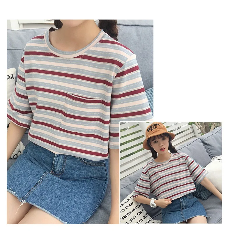 Футболка женская Повседневная хлопковая летняя корейский Стиль Camisas MUJER плюс размер XXL полосатая футболка с круглым вырезом Femme топ с коротким рукавом