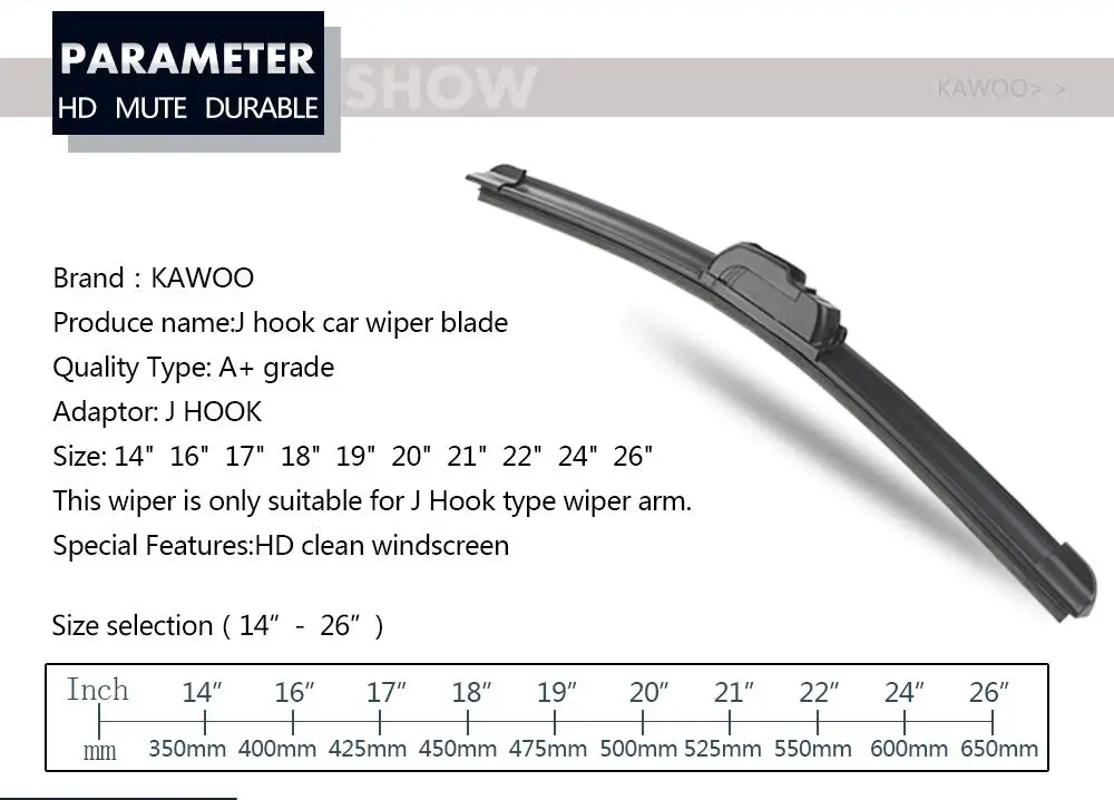 KAWOO, Универсальная автомобильная Щетка стеклоочистителя, j-крюк, мягкая безкаркасная резиновая щетка для лобового стекла автомобиля 1" 16" 1" 18" 1" 20" 2" 22" 2" 26"