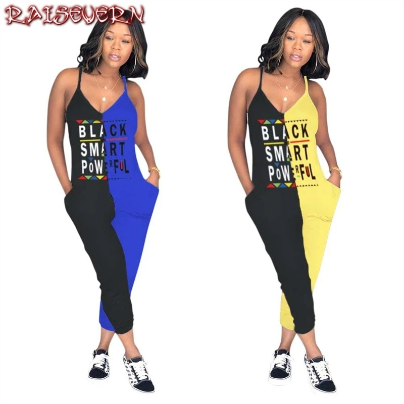 

RAISEVERN Women Jumpsuit Lady Romper Female Sexy Deep Casual Playsuit Summer Sling Onesies Letter Print Lady Loose Clouthes
