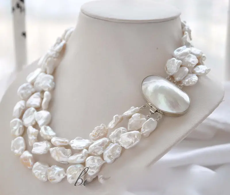 

FREE SHIPPING>>>@@ > Hot sale new Style >>>>>3strands 19mm BAROQUE white KESHI REBORN PEARL NECKLACE mabe clasp
