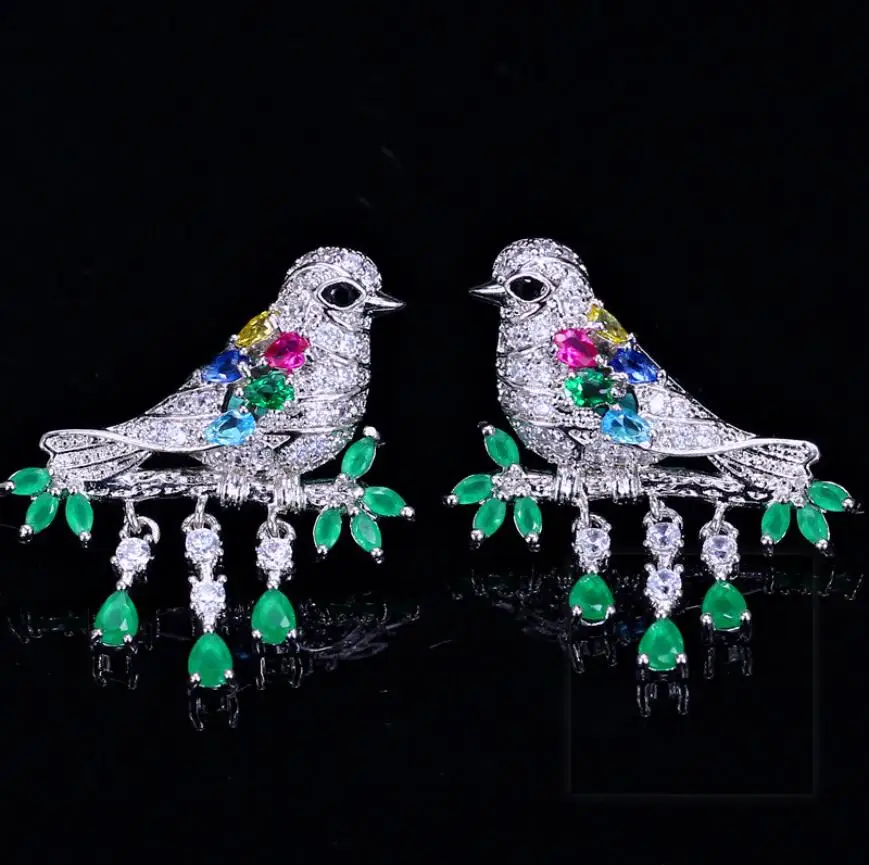 

YAFFIL Zircon bird tassel earrings 925 Sterling Silver earpins wedding banquet party Jewelry For Women