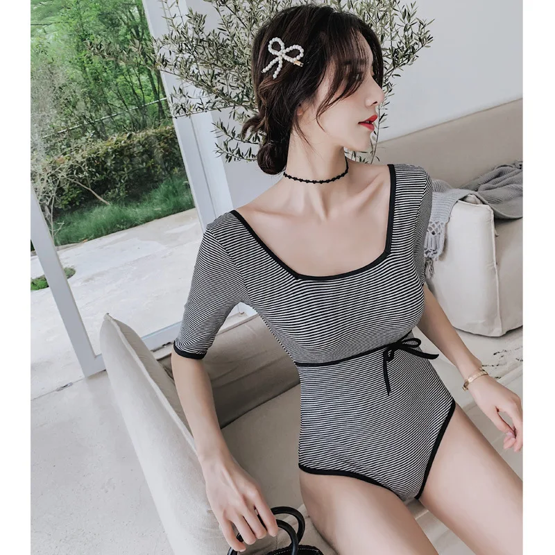 

Swimwear For Women Swimsuit Woman 2019 One Piece Large Size 1 Rashguard Female Backless Short Long Sleeve Striped Linen Sierra