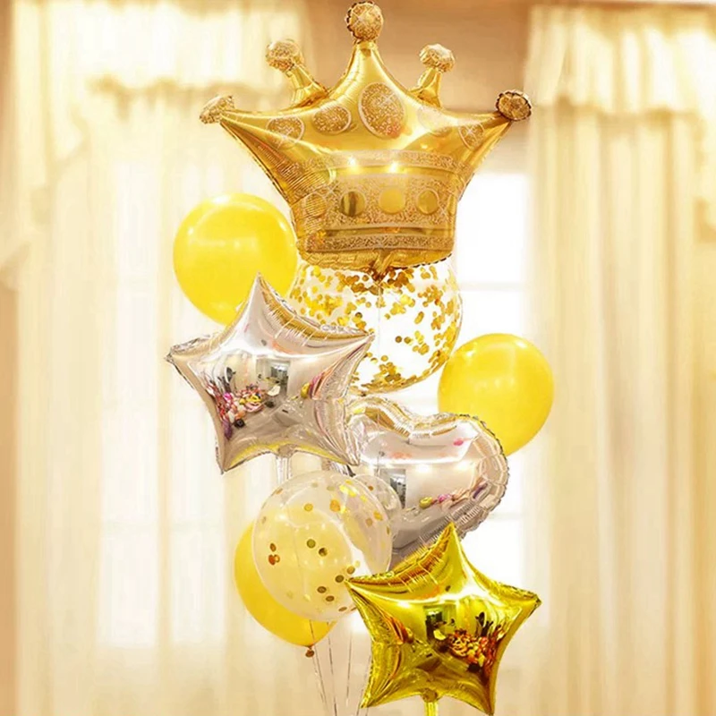 

9pcs/lot 100*90CM Gold Crown Foil Balloon Wedding Bridal Birthday Party Confetti Latex 18'' star heart Helium Balloons Decor